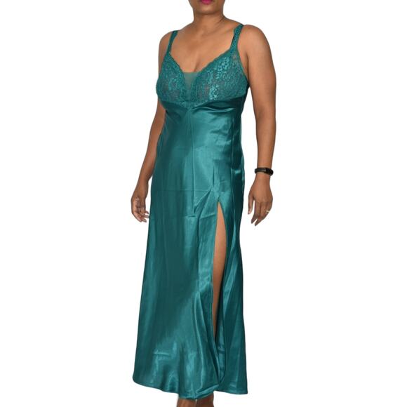 Vintage Victorias Secret Nightgown Green Satin Maxi Slip High Slit Gold Label XS - Picture 16 of 16